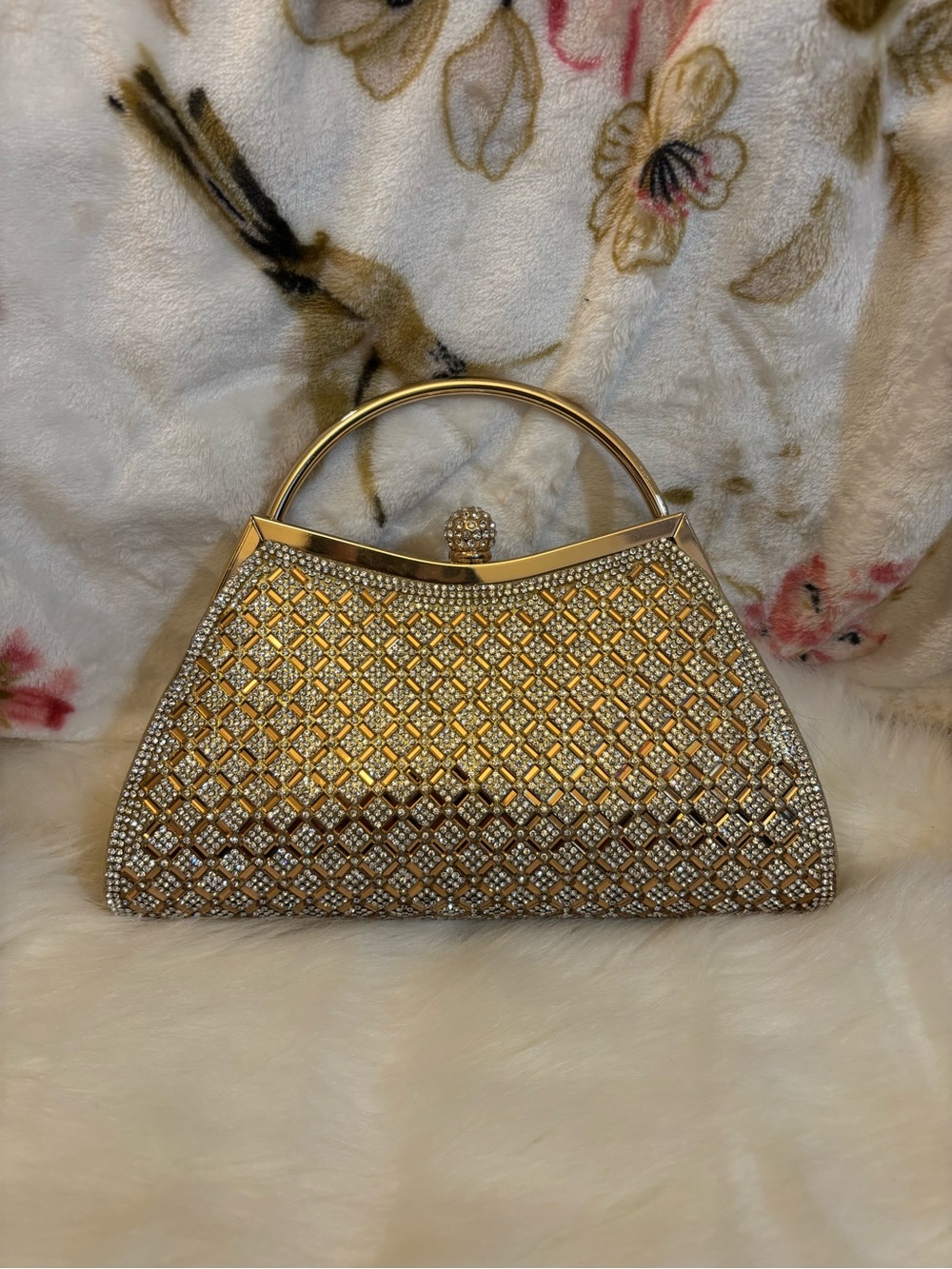 Gold Crystal Embellished Evening Top-Handle Clutch